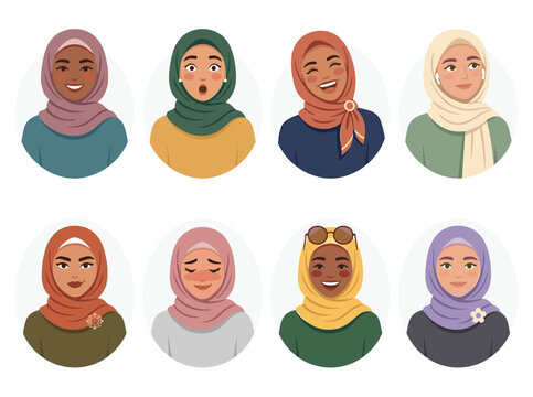 Diverse muslim woman avatars with hijab and various expressions