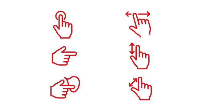 Red hand gesture icons showing different touch screen gestures for navigation and interaction