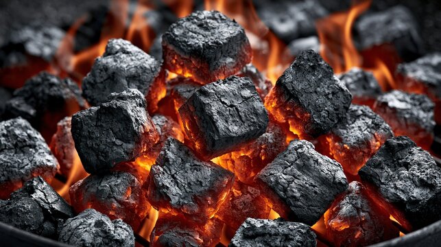 Glowing hot charcoal pieces ignite with vibrant flames.