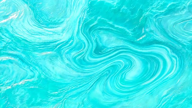 Aqua blue swirling liquid surface with light refraction during slow camera pan across textured flowing patterns