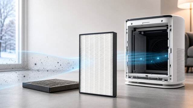 Air purifier with open cover beside a clean HEPA filter and a dust clogged old filter with visualised airflow, 空気清浄機と新品HEPAフィルター 目詰まりした旧フィルターと気流
