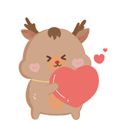 Cute cartoon deer holding big red heart vector illustration