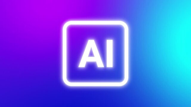 Glowing white AI artificial intelligence logo icon on vibrant moving gradient color background. Modern dynamic motion graphic for tech projects.