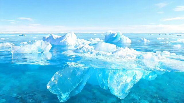 Arctic ice floes drift serenely in clear blue ocean water during a bright sunny day with cinematic motion