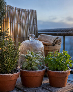 Frost covered herbs in terracotta pots with a glass cloche on a balcony at blue hour in winter, 霜に覆われたハーブの鉢とガラスドーム 冬のベランダの薄明かり