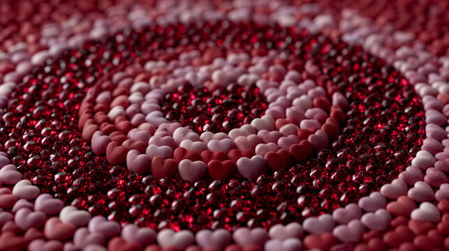 A high-detail symmetrical 3D render showing rings of gradient pink, purple, and red hearts mixed with glittering red gems spiraling toward a center point.