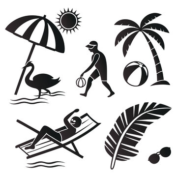 Silhouette beach vacation icons set