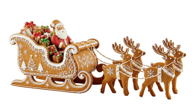 Gingerbread santa claus sitting in a sleigh with reindeer isolated on transparent background