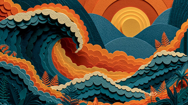 Intricate paper-cut illustration featuring layered teal ocean waves, orange foliage, and a golden sun against a mountain backdrop with tactile paper textures.