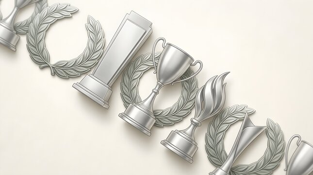 Silver award trophies and laurel wreaths arranged diagonally on light background
