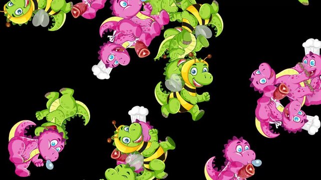 Falling Cartoon Dinosaurs and Bees Animation on Black Background