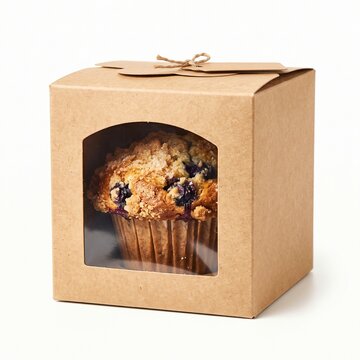 A freshly baked blueberry muffin sits inside a kraft paper gift box with a clear window. 