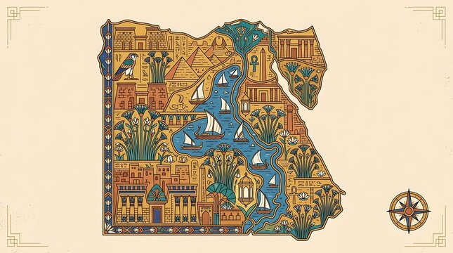Detailed Illustrated Map of Egypt Featuring Ancient Landmarks and Nile River