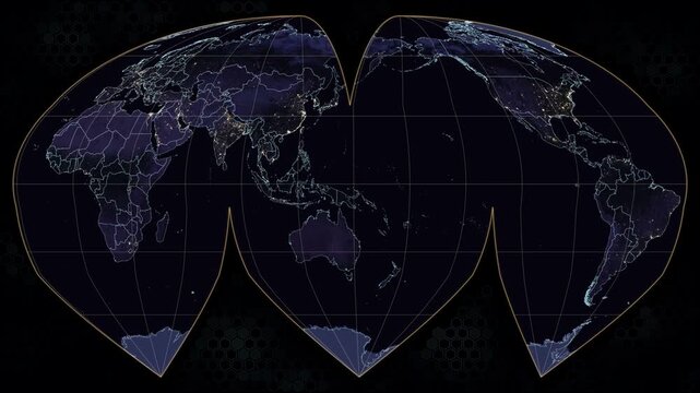 Interrupted Sinu Mollweide world map projection. Rotating Earth with city night lights and glowing borders. Amber graticule, animated hexagonal background. Seamless loop. 4K resolution. Night view.