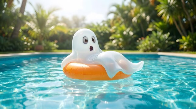 A cute ghost floating on an orange ring in a sunny swimming pool for a happy halloween theme