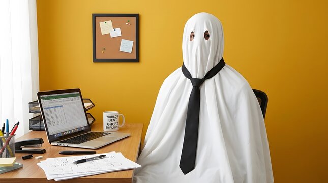 A funny ghost wearing a black tie sitting at an office desk wishing everyone a happy halloween