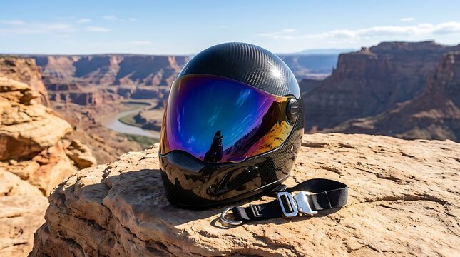 Carbon Fiber Motorcycle Helmet on Canyon Rock