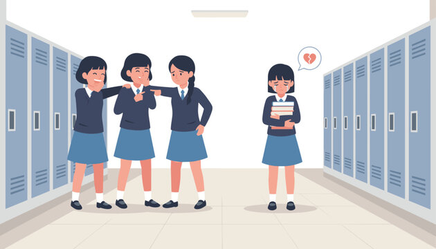 Sad schoolgirl holding books and crying while being bullied by a group of classmate girls in a school locker hallway.