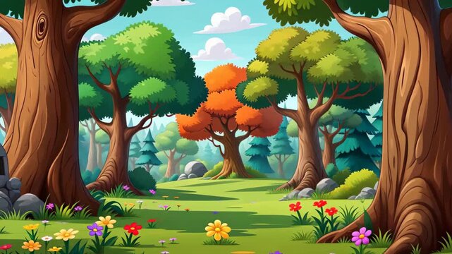 Cartoon style forest natural scenery materials, cartoon forest scene back