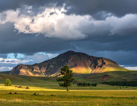 Vast landscape with a sunlit mountain, field and moody clouds