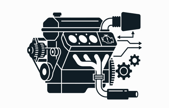 Internal combustion engine silhouette against a white background detailed mechanical illustration automotive motor powerplant black
