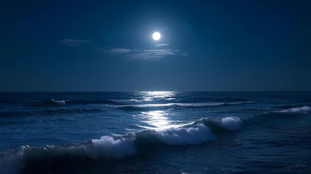 Full moon reflects on ocean waves at night with cinematic motion and deep blue hues