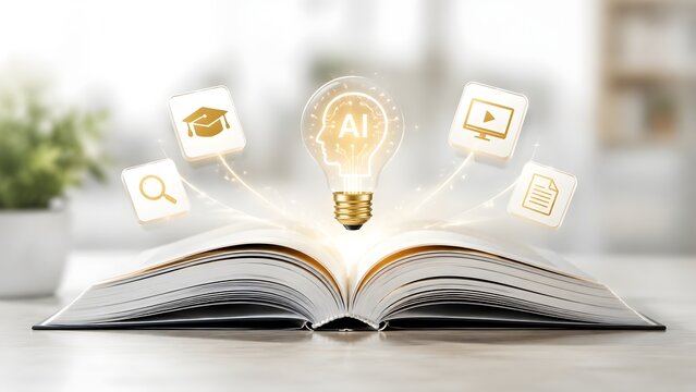 Open book with glowing AI brain lightbulb and digital learning icons. Artificial intelligence in modern education and smart online course concept.