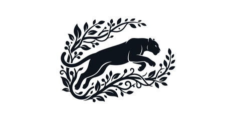 Leaping Black Panther Foliage Vector Illustration © Marchell