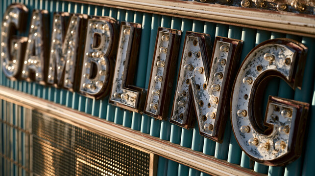 An angled, atmospheric close-up photograph of a vintage, weathered marquee sign spelling "GAMBLING" with individual light bulbs against a blue corrugated metal background.