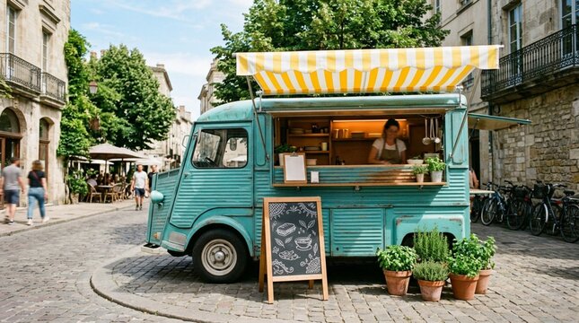 Turquoise vintage food truck with yellow and white striped awning parked on a sunlit cobblestone European street, vendor serving customers, potted herbs, chalkboard menu, bicycles, pedestrians