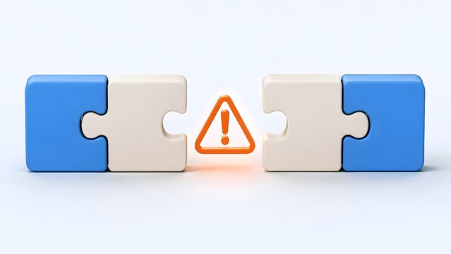 Connection error and compatibility issue concept showing two incompatible blue puzzle pieces with orange warning sign between them