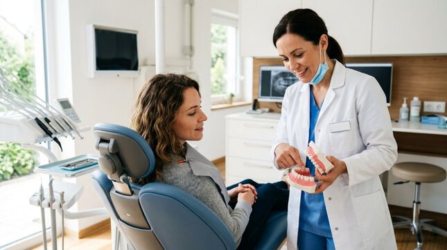 Friendly female dentist in white coat pointing at anatomical teeth model while attentive young female patient listens in bright modern dental clinic office