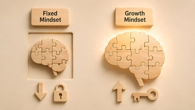 Wooden puzzle brains comparing fixed mindset with a lock and growth mindset with a glowing key representing psychology personal development and learning