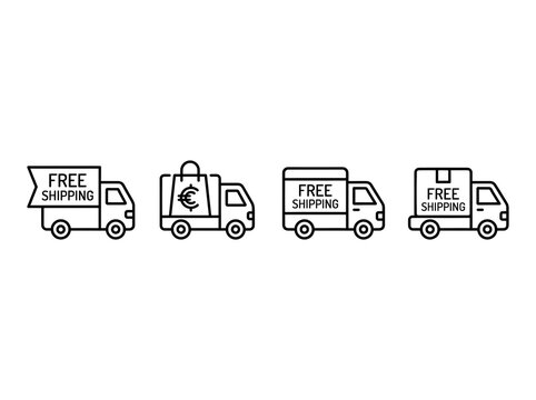 Vector line art set of free shipping delivery truck icons for e-commerce services and online orders