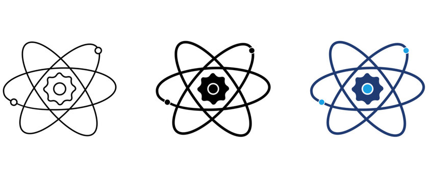 Atomic gear icon with cog nucleus and electron orbits. Symbol of core technology, quantum computing configuration, nuclear physics, advanced engineering, and system automation research.