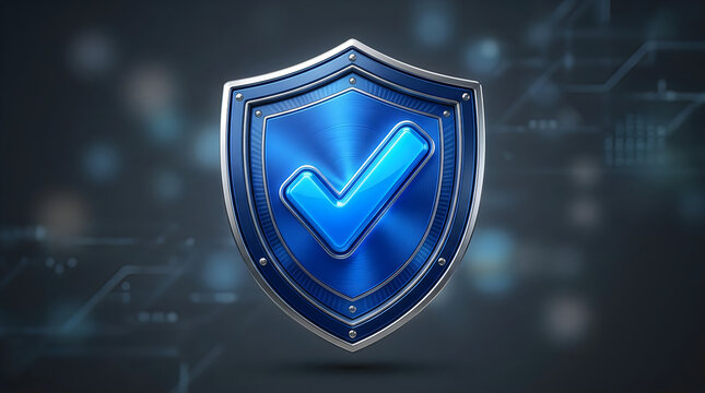 Blue metallic shield with checkmark symbol for security and protection concept isolated on white background