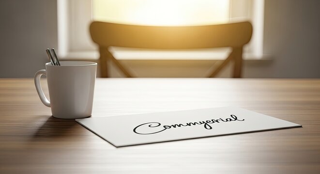 A white paper with the word Commercial written in cursive on a wooden table next to a mug of coffee.