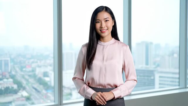 Close-up of a business woman smiling by her office window