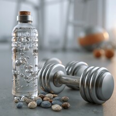 Obraz premium Clear bottle of sparkling water beside chrome dumbbell with scattered smooth stones on gym floor near bright window, showing clean fitness still life with calm modern wellness mood
