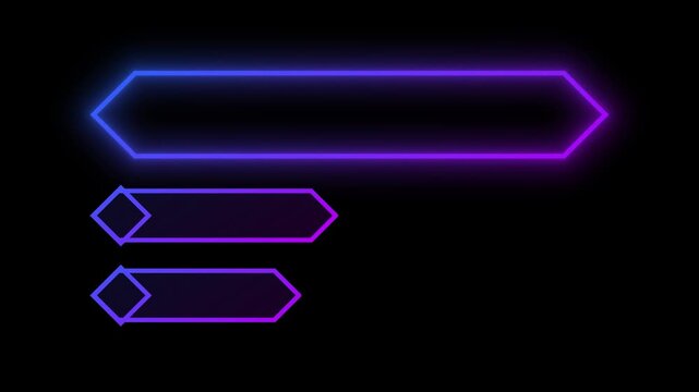 Purple blue neon glowing quiz question and answer option boxes on black background. Futuristic gaming and trivia UI lower third motion graphic element.