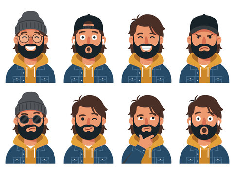Bearded man character avatar with various facial expressions
