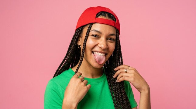 Playful young woman with long braided hair, red cap worn backwards, bright green t-shirt, sticking out tongue, smiling joyfully against vibrant pink studio background, casual lifestyle portrait