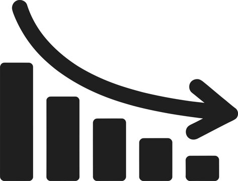 Black and white of a downward trending bar chart with an arrow graph decline decrease