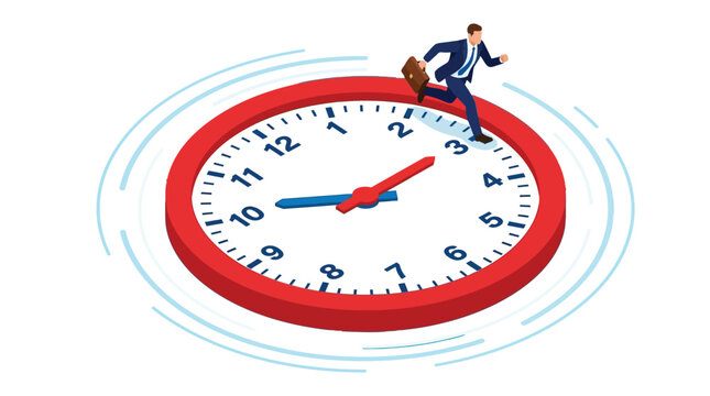 Professional businessman running fast on a large clock face to meet tight project deadline vector illustration