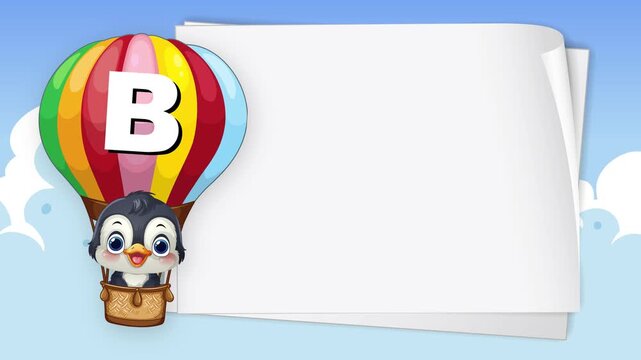 Cartoon Penguin in Hot Air Balloon with Blank Paper Background