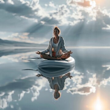Woman meditating cross-legged on inflatable paddle board over calm reflective water under dramatic cloudy sky with soft sunlight and serene outdoor wellness mood