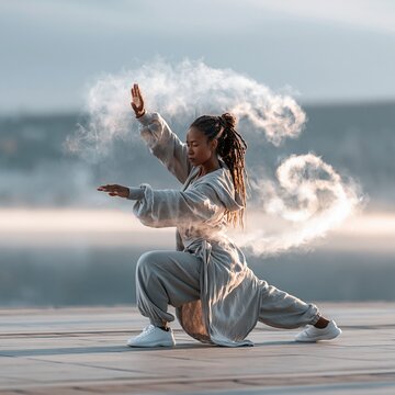 Young woman practicing martial arts outdoors at sunrise, low lunge on wooden deck beside calm water, flour cloud highlighting motion, balance, focus, and graceful strength