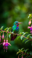 Fototapeta premium Vibrant colorful bird perched gracefully on a flowering branch with soft morning light and blurred green bokeh background