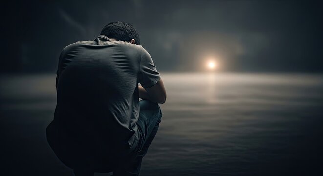 Man Crouching in Despair Facing Distant Light at Dusk.