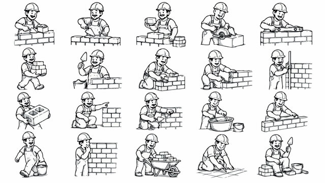 Construction worker character set, professional bricklayer building brick walls, 20 vector line art illustrations of mason builder in hard hat